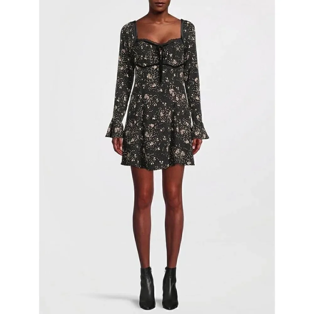 NWT Free People Tess Floral Print Long Sleeve Mini Dress in Black Combo, Size XS